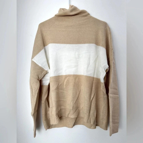 Colorblock Cable Knit Long Sleeve Pullover Top Cowl Neck Sweater - Picture 3 of 5